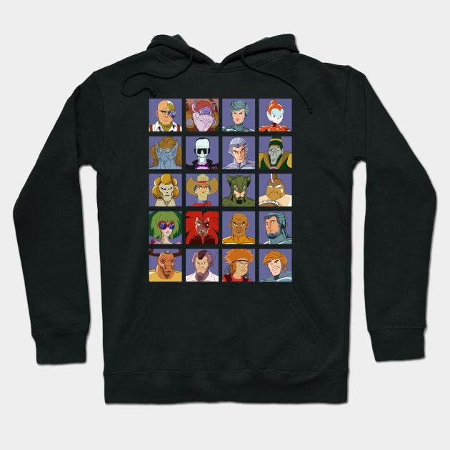 SilverHawks Characters. Quicksilver, Steelheart, Steelwill, Mon*Star, Hardware, Timestopper, Yes-Man, Smiley and many more! Hoodie by DaveLeonardo